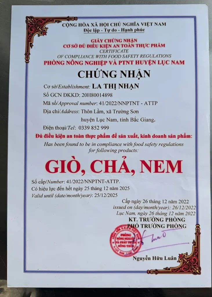 Chứng nhận ATTP